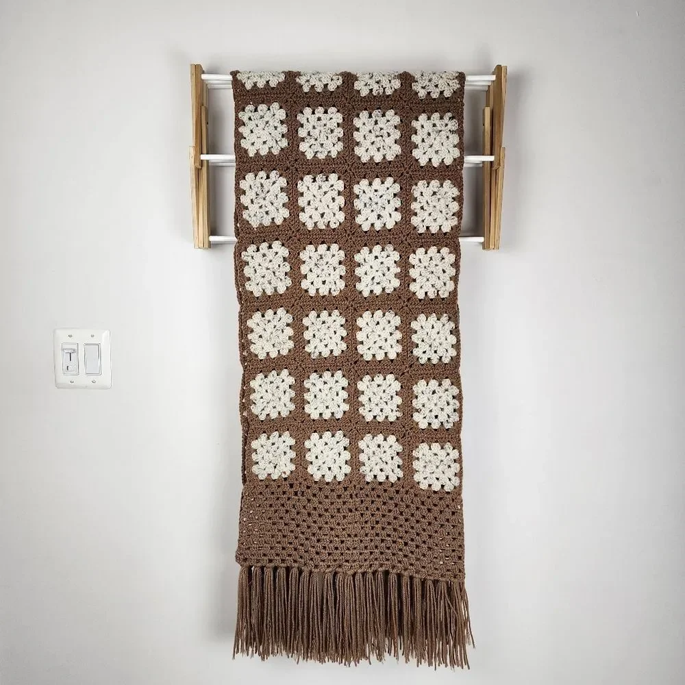 New Handmade Crochet Granny Square Shawl Wrap Scarf Brown Cream Boho Fringe